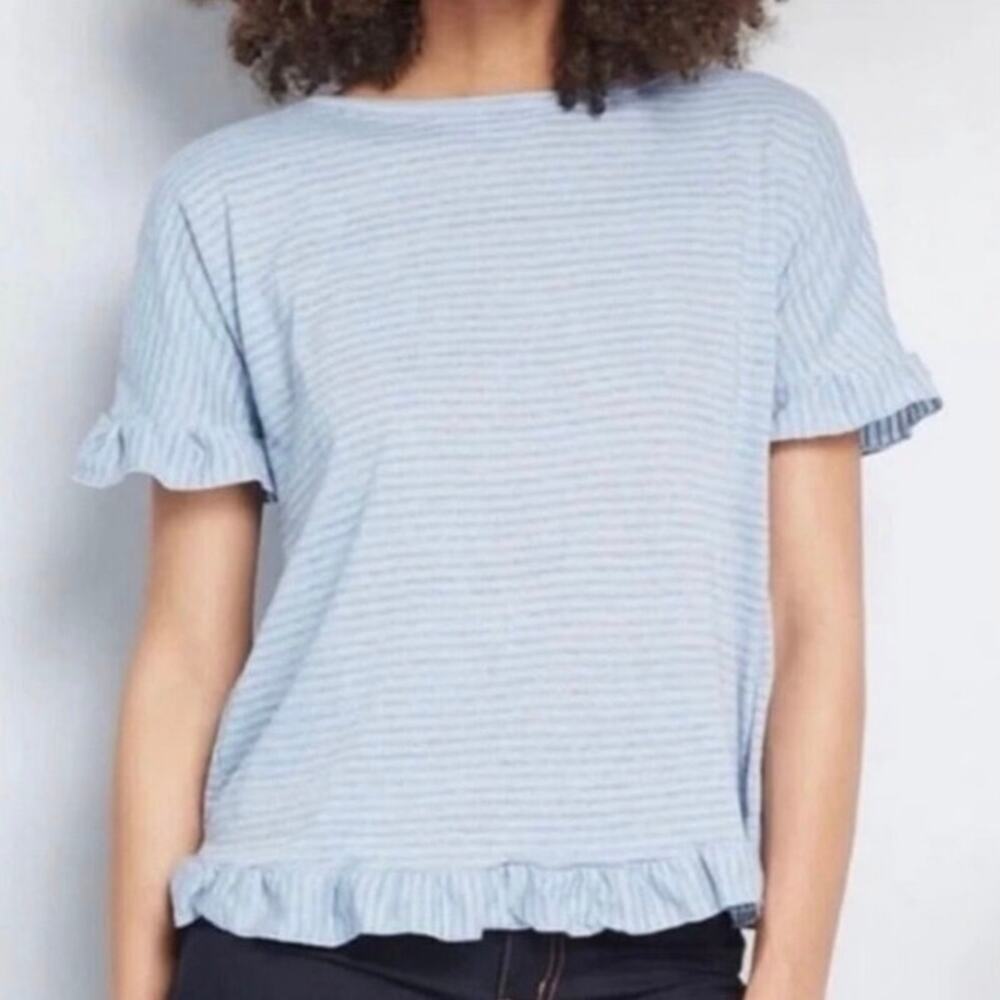 ModCloth Blue Striped Ruffle Hem Top 2X Short Sleeve Loose Fit